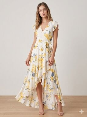 Lulu's French Countryside Floral Print High Low Dress White Yellow